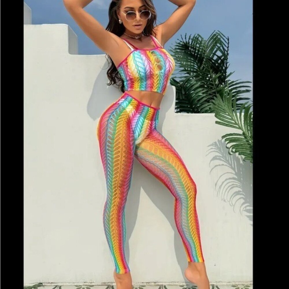 Rainbow Color Spaghetti Strap Top One-Piece Fishnet Bodysuit Cover-Up